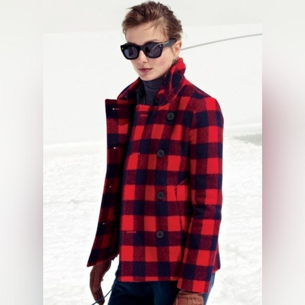 J. Crew Red Navy Blue Buffalo Plaid Wool Coat Jacket Women's Size 2 - Picture 2 of 11